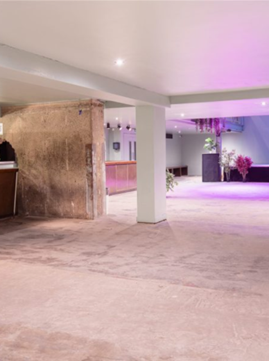 Spacious room with concrete floor, a white ceiling with beams, and soft purple lighting illuminating plants and a reception desk.