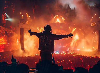 Silhouette of a person with arms outstretched wearing headphones in front of a large crowd at a brightly lit concert.
