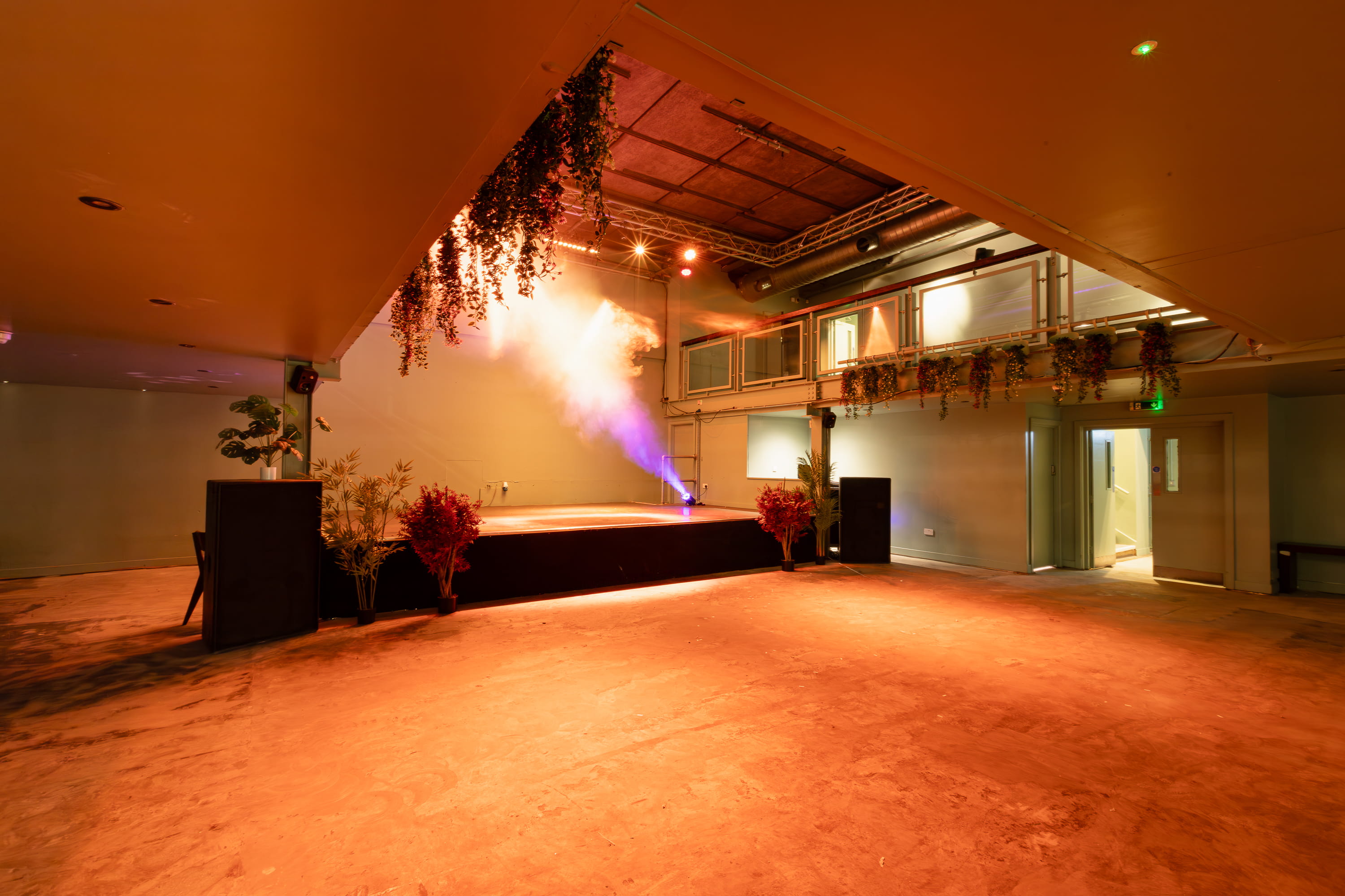 Empty event space with small stage, spotlight emitting colored smoke, hanging plants, and an upper balcony.