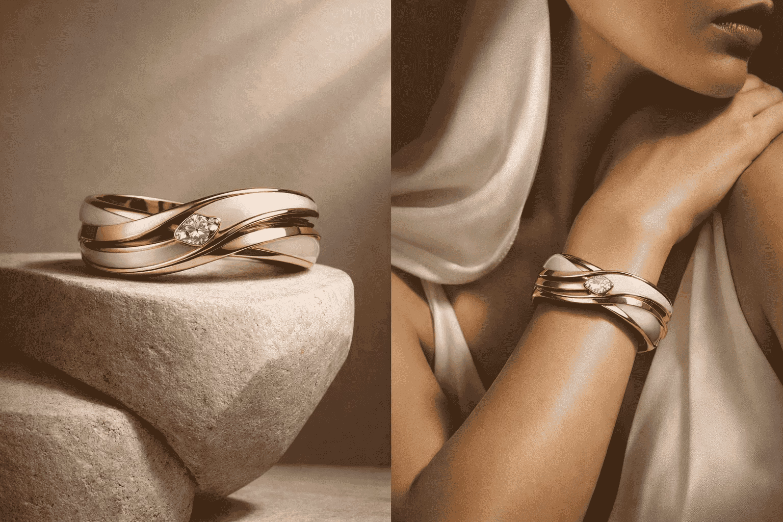 Luxury rings and bracelets on a display with soft lighting