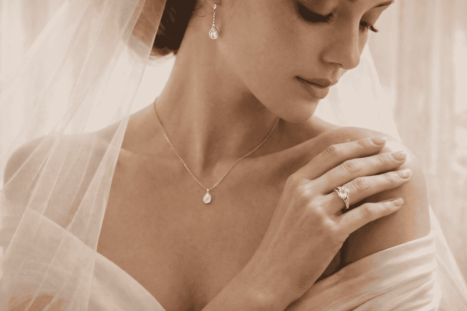 Bride wearing elegant jewelry necklace and earrings