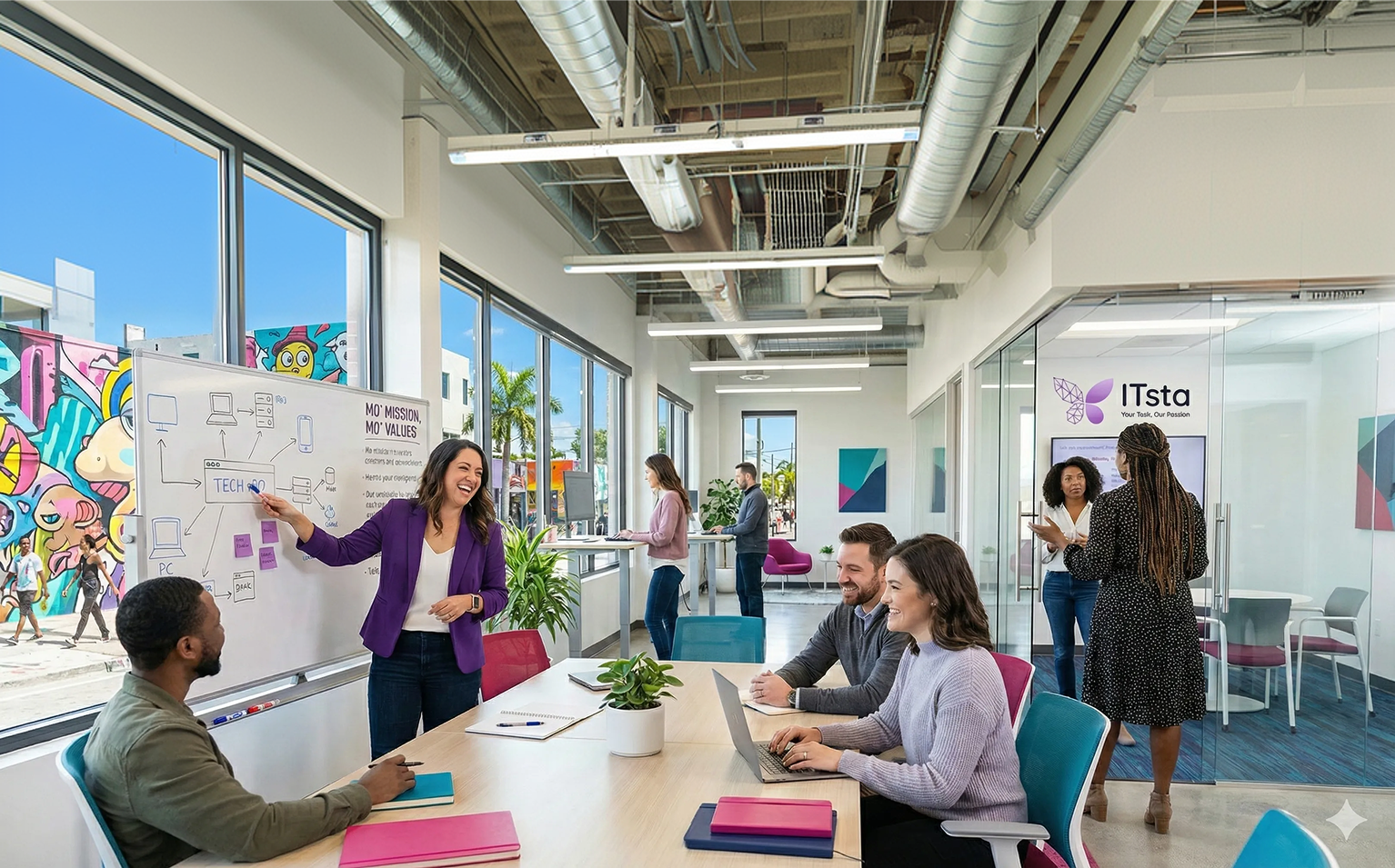 A modern office with large windows shows a businesswoman in a purple blazer presenting a tech diagram on a whiteboard to a colleague, while others work on laptops and stand desks, and two women talk near a glass office with the ITsta logo.