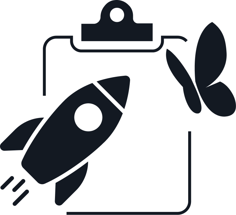 Icon of a clipboard with a rocket and a butterfly representing project launch and growth.
