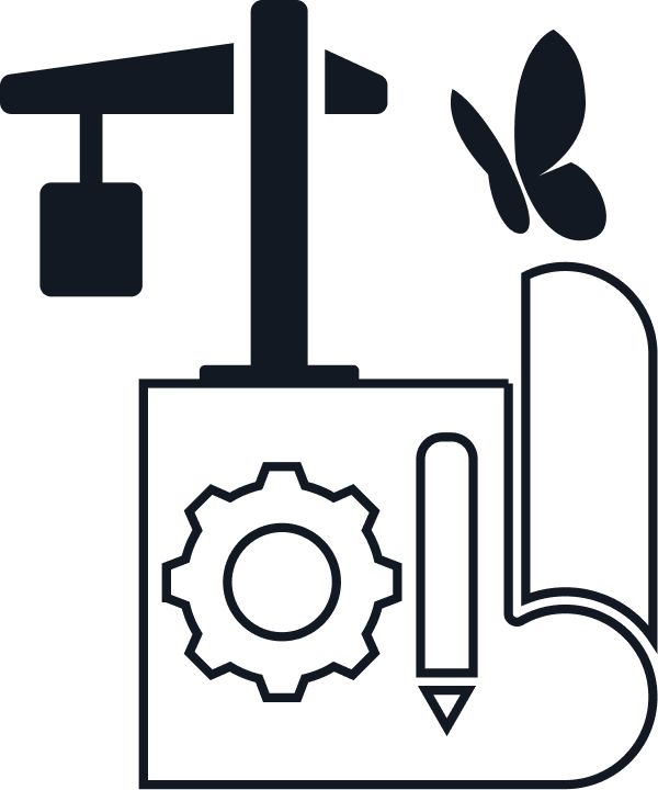 Icon showing a construction crane, a gear symbol, a pencil, and a rolled blueprint with a butterfly above it.