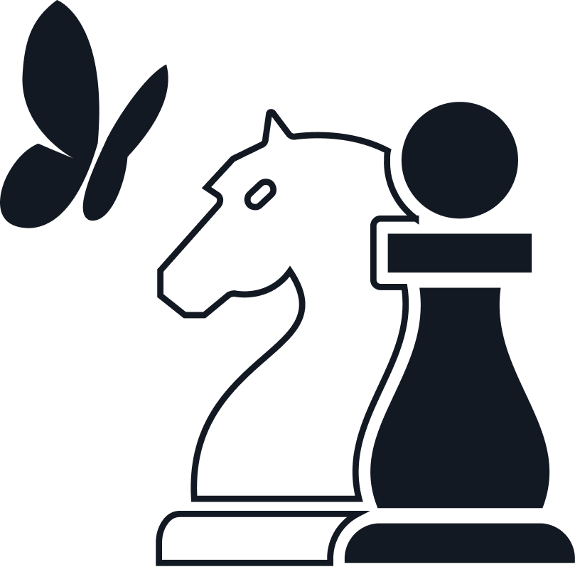 Black chess knight and pawn pieces with a butterfly silhouette to the left.