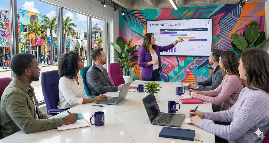 A woman in a purple blazer giving a presentation titled 'Fractional IT Leadership' to six people seated around a conference table with laptops and notebooks.