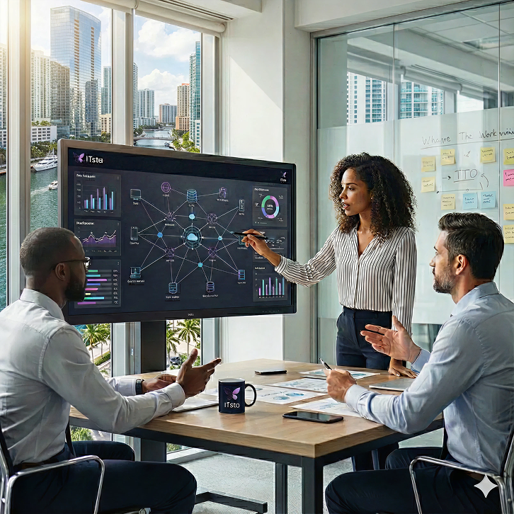 Three colleagues in a modern office with large windows, one woman pointing at a digital screen displaying data charts and connected nodes during a presentation.