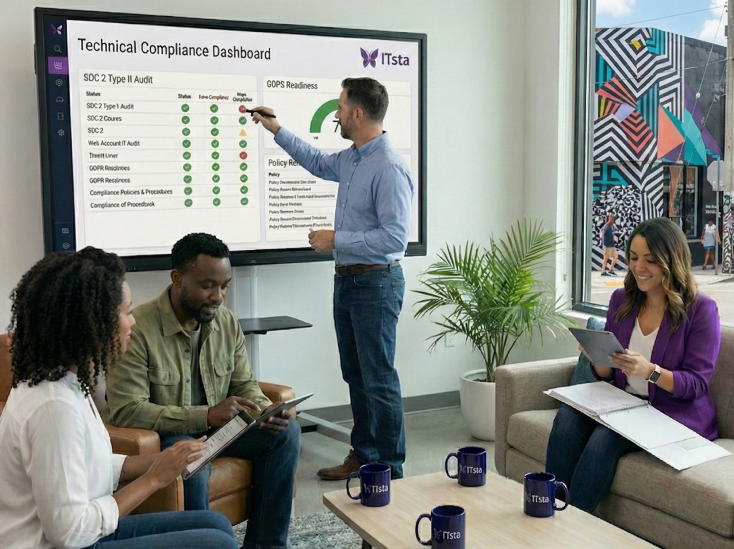 Four colleagues in a modern office discussing a Technical Compliance Dashboard displayed on a large screen.