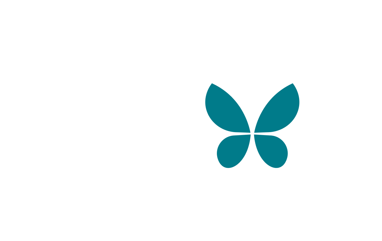 Outlined laptop with a teal butterfly on the screen and a cloud shape behind it.