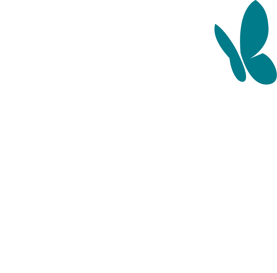 White outline of two person icons with a teal butterfly near the larger figure.