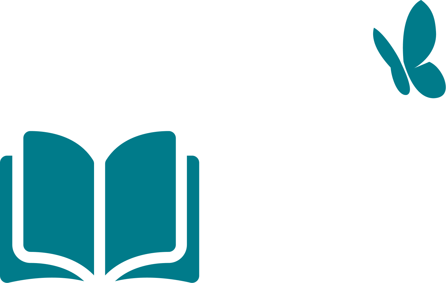 Stylized open book next to a computer monitor with a butterfly on the screen.