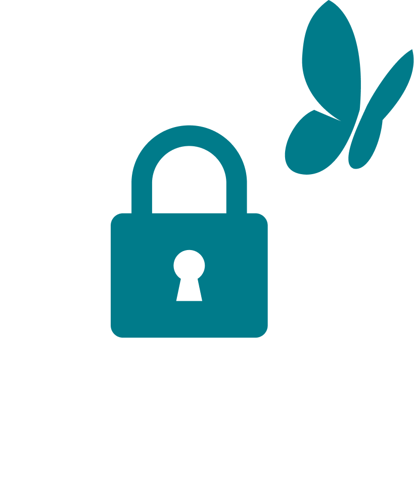 Shield outline with a padlock symbol inside and a butterfly on the top right corner, representing security and protection.