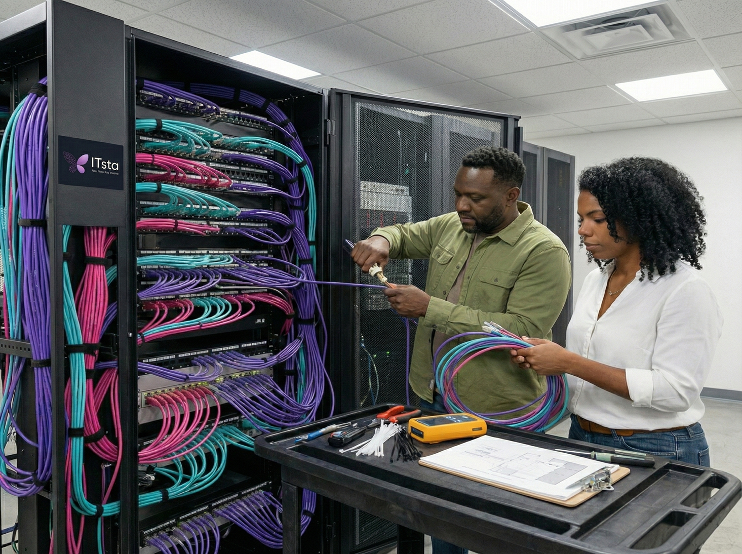 Two technicians working with colorful network cables in a server room, one holding cables and the other connecting them.