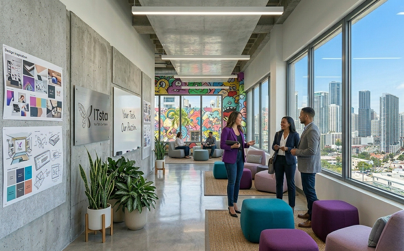 Modern office hallway with concrete walls, plants, colorful seating, mural, and three people in business attire talking by large windows overlooking a city skyline.