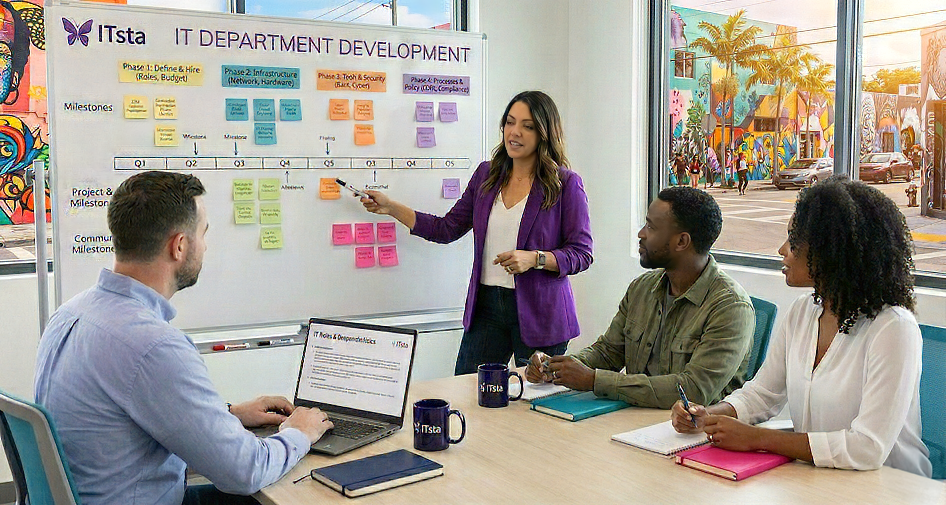 A woman in a purple blazer presenting IT department development milestones on a whiteboard to three colleagues seated at a table with laptops and notebooks in a bright office with colorful murals outside the window.