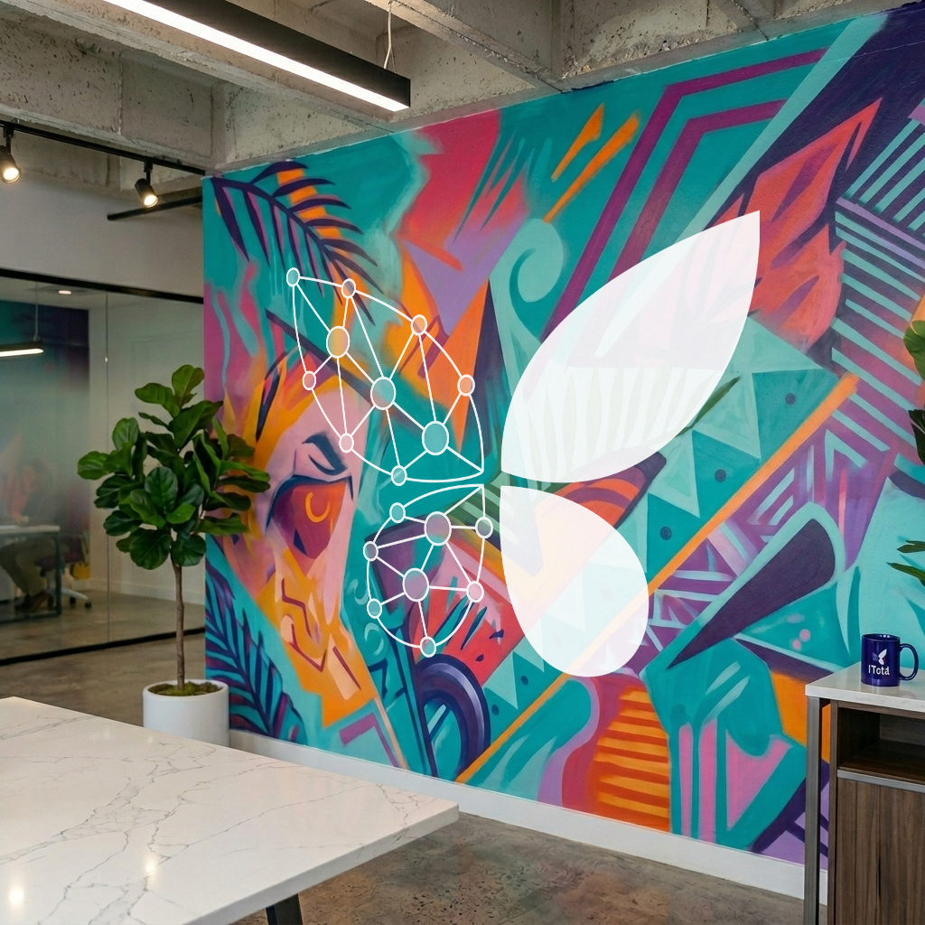 Office interior with a colorful abstract mural featuring geometric shapes and a stylized face, a potted plant, and a white marble table.