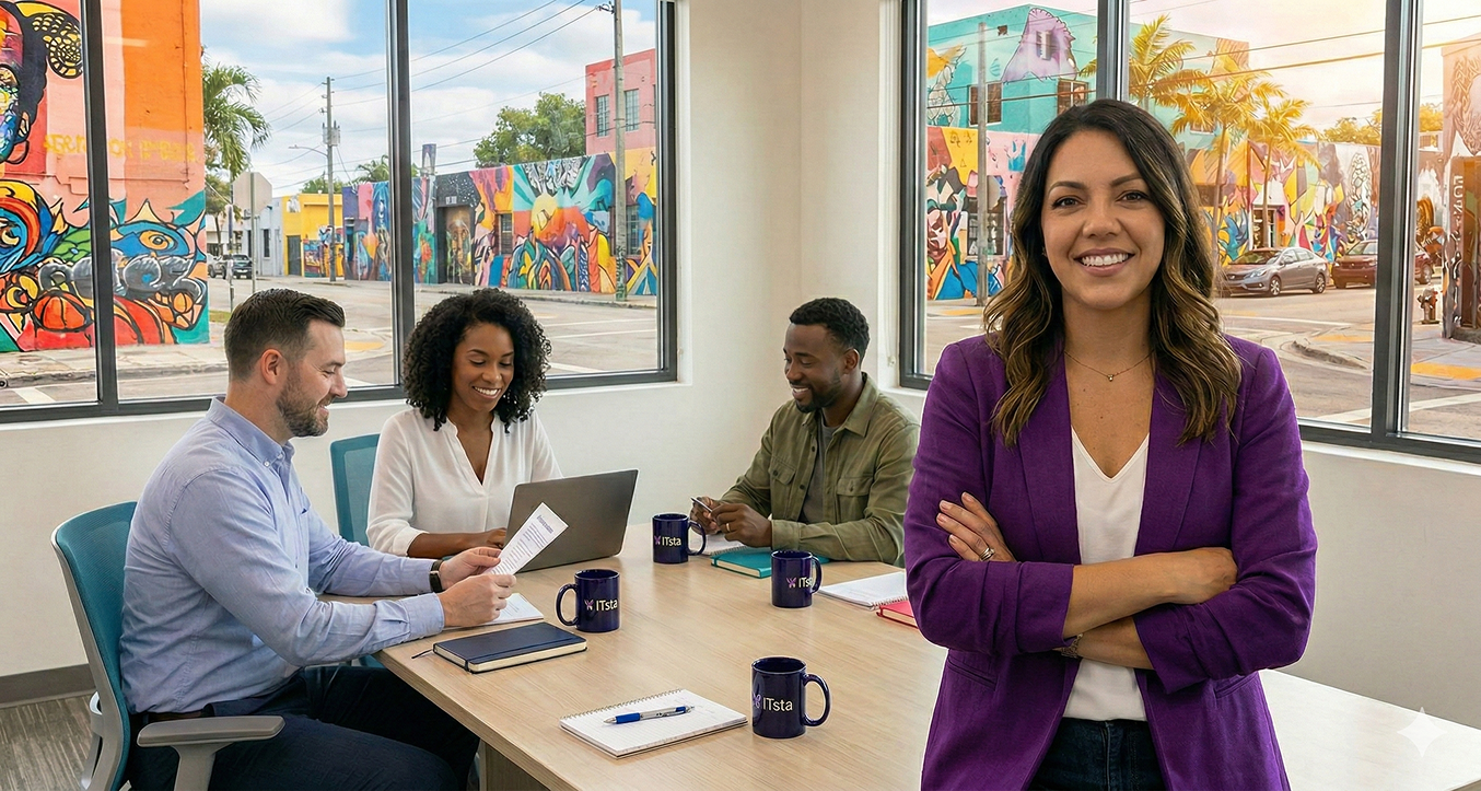 Four diverse coworkers in a bright office with colorful street art outside, one woman in a purple blazer standing confidently, others seated at a table working.