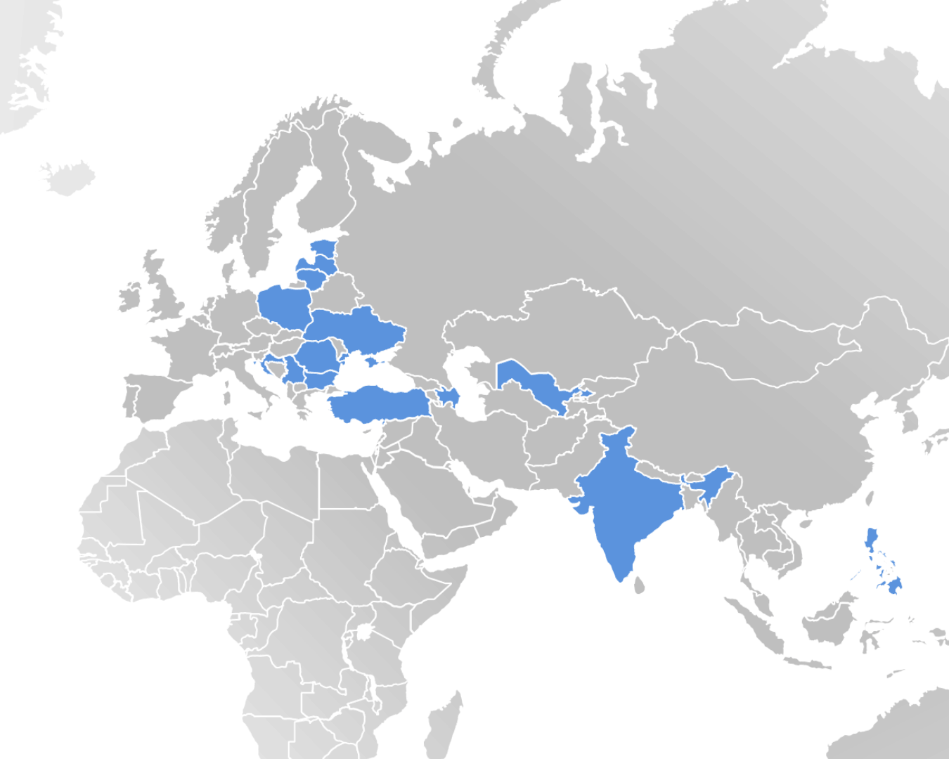 Map highlighting in blue several countries across Eastern Europe, South Asia, and the Philippines in Southeast Asia.