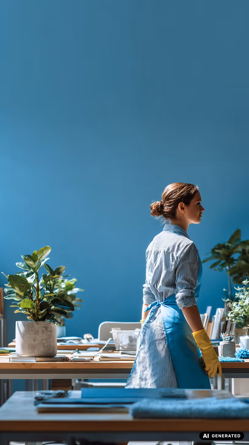 Woman wearing a blue apron and yellow gloves standing beside a table with plants and art supplies against a blue wall.