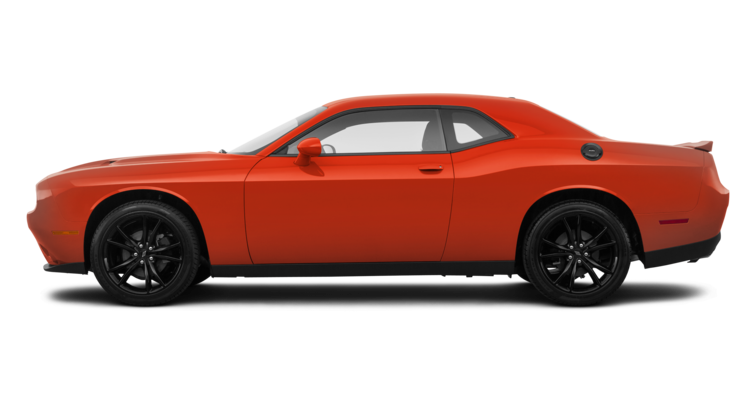 Widok z boku czerwonego Dodge’a Challengera z czarnymi felgami i przyciemnianymi szybami