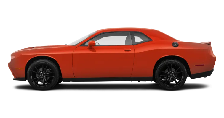 Widok z boku czerwonego Dodge’a Challengera z czarnymi felgami i przyciemnianymi szybami