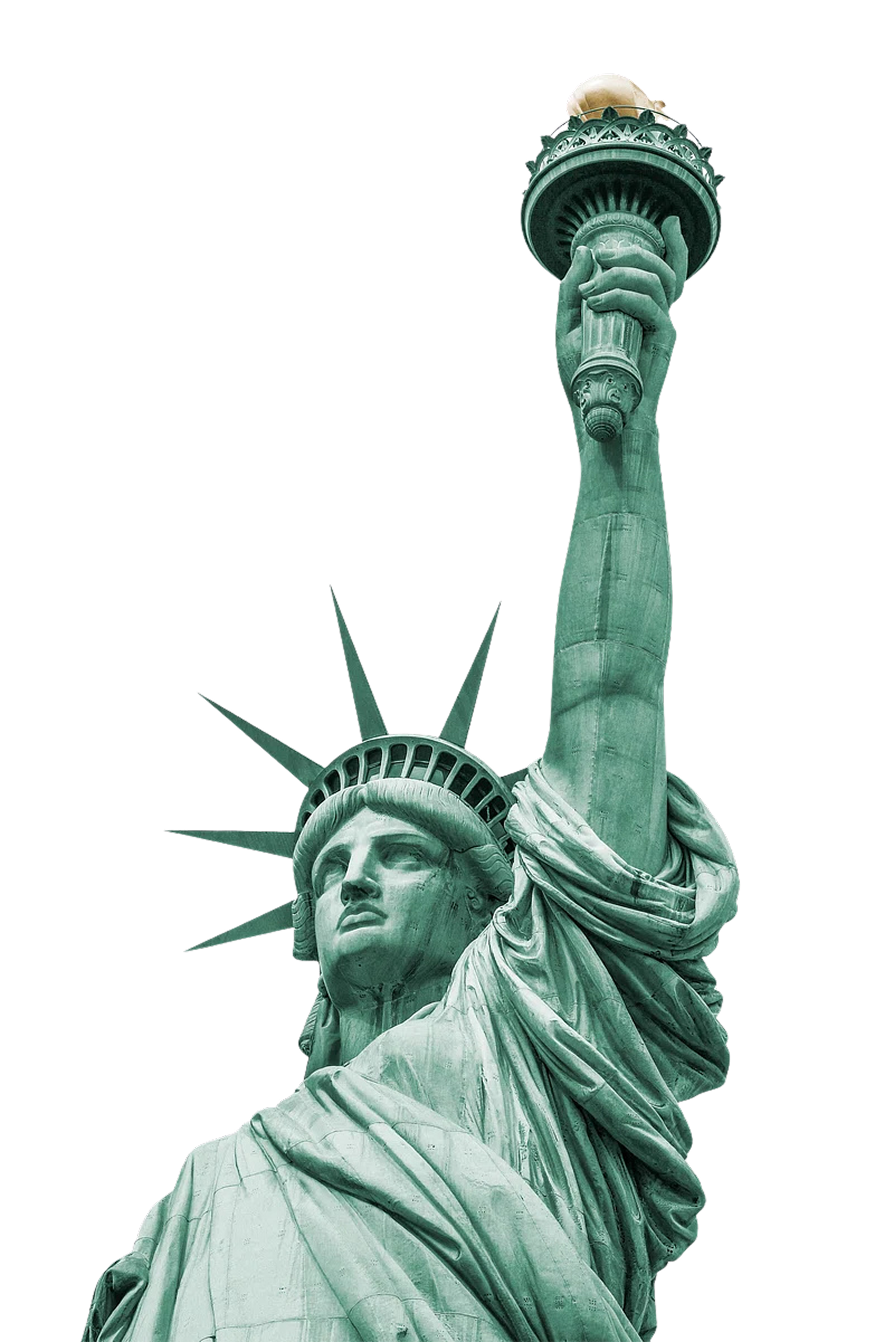 Zbliżenie na Statuę Wolności trzymającą pochodnię, z kolczastą koroną na głowie.