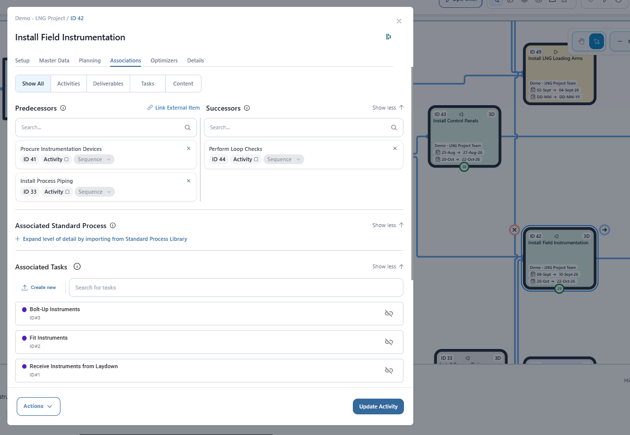 FlowSpan activity associations view connecting instrumentation work to predecessor and successor activities, tasks and project content
