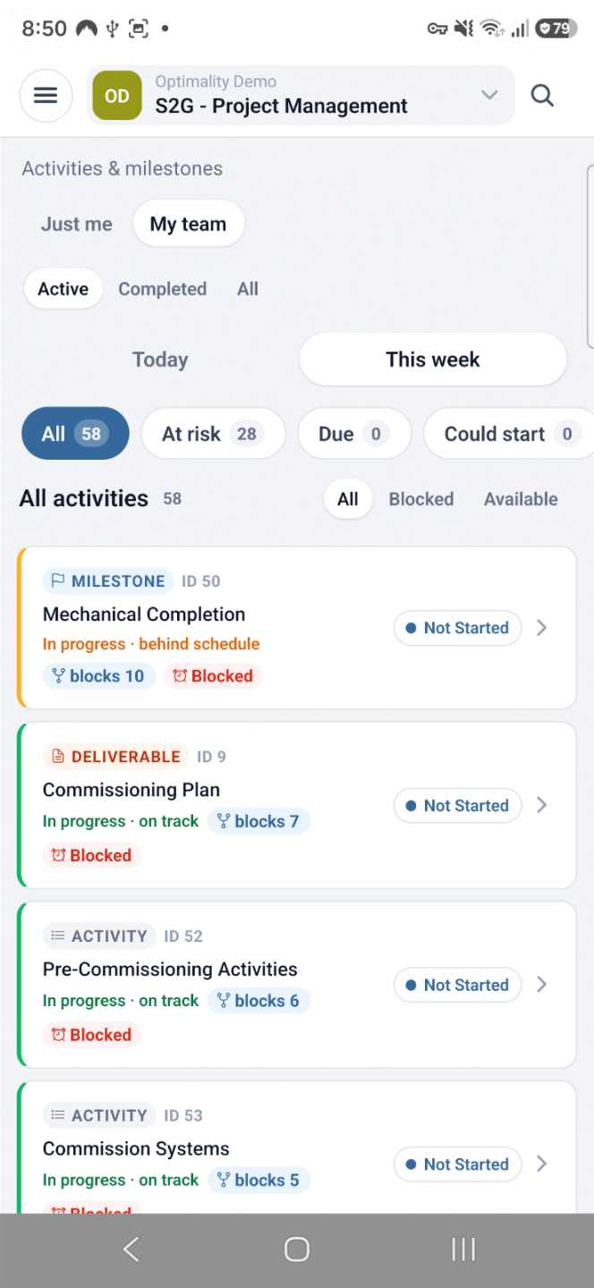 Optimality activities and milestones on a tablet