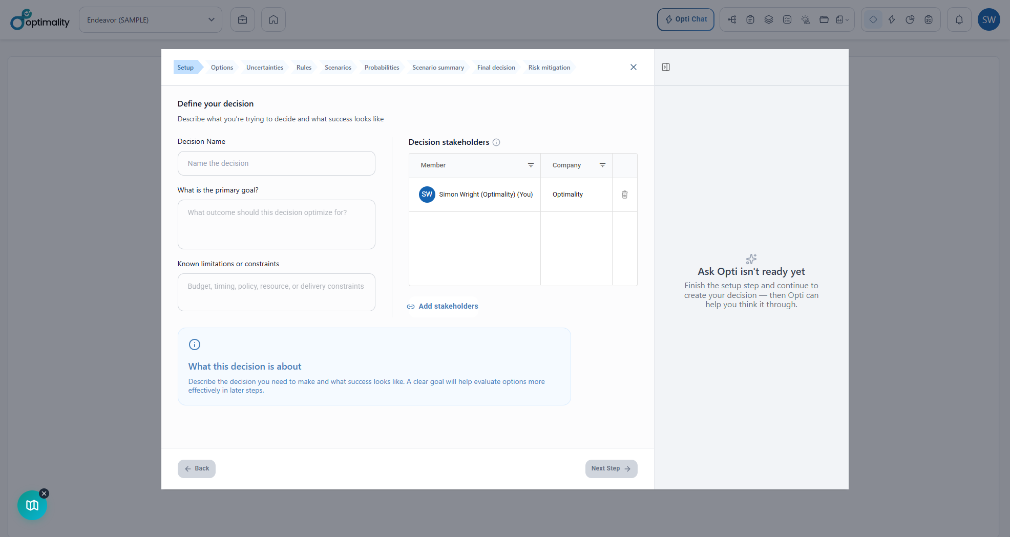 Decision Wizard setup screen in Optimality