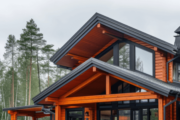 Modern home with a warm wood exterior, multiple gables, large windows, and a backdrop of tall pine trees.