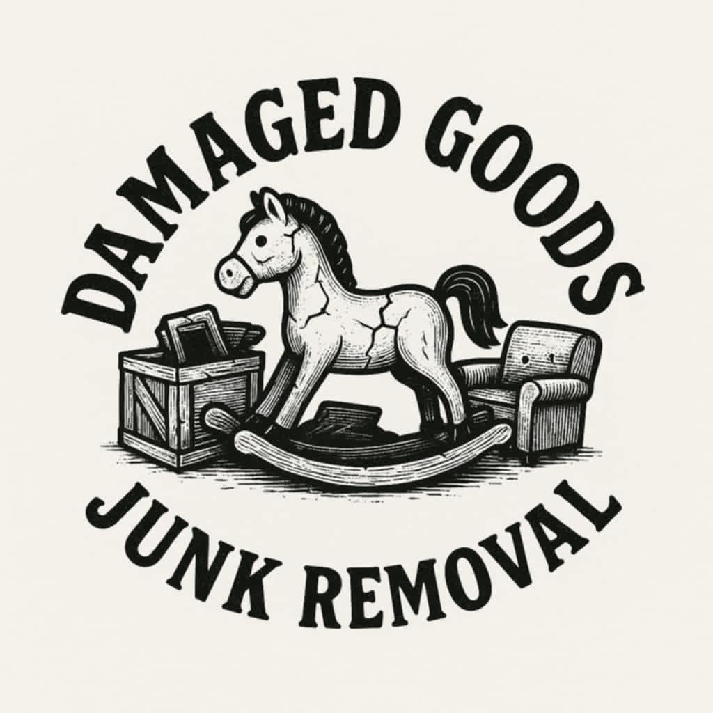 Logo with a cracked rocking horse, a wooden crate with items, and a worn armchair, surrounded by text reading 'Damaged Goods Junk Removal'.