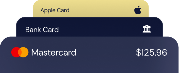 Stack of three cards: gold Apple Card on top, dark blue Bank Card in the middle, and dark blue Mastercard at the bottom displaying a balance of $125.96.