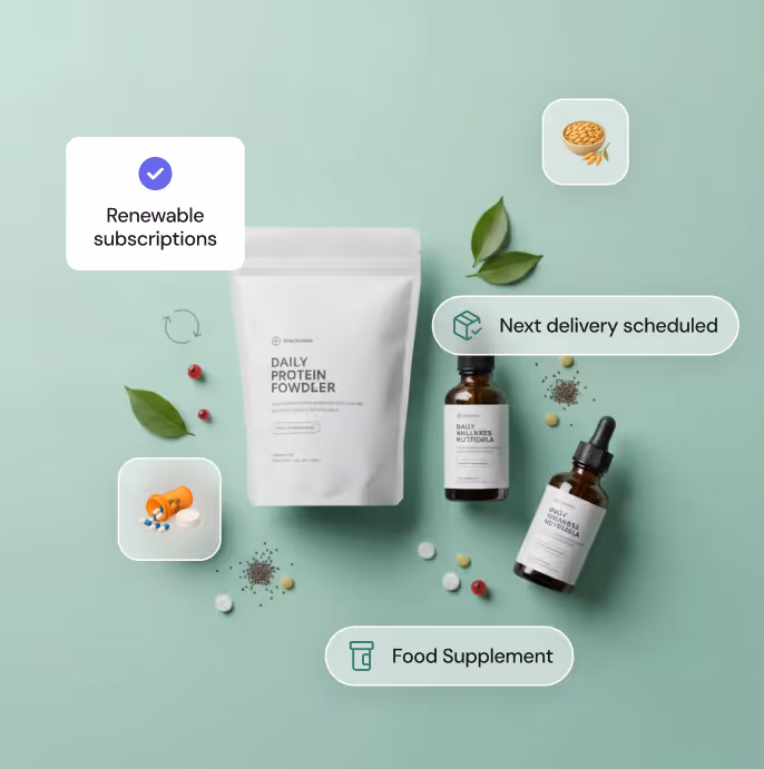 Daily protein powder and supplement bottles with scattered pills, leaves, and icons highlighting renewable subscriptions, next delivery scheduled, and food supplement.