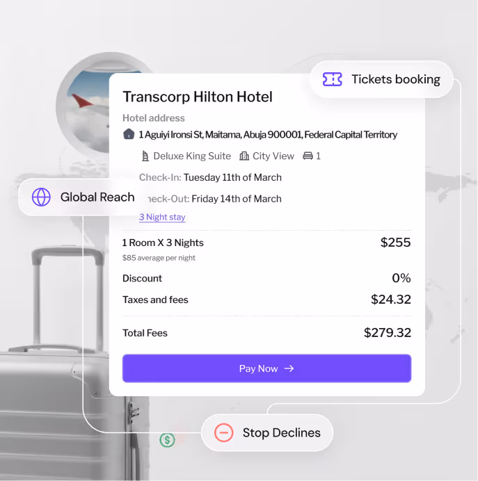 Hotel booking summary for Transcorp Hilton Hotel in Abuja, showing check-in/out dates, room details, price breakdown, and a Pay Now button.