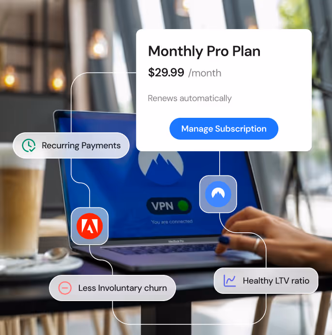 Close-up of a laptop showing VPN connection and subscription plan details with hands on the keyboard, highlighting benefits like recurring payments, less involuntary churn, and healthy LTV ratio.