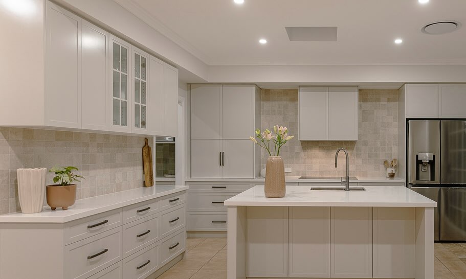 Premium wall and floor tiling installed in a custom residential kitchen in Toowoomba.