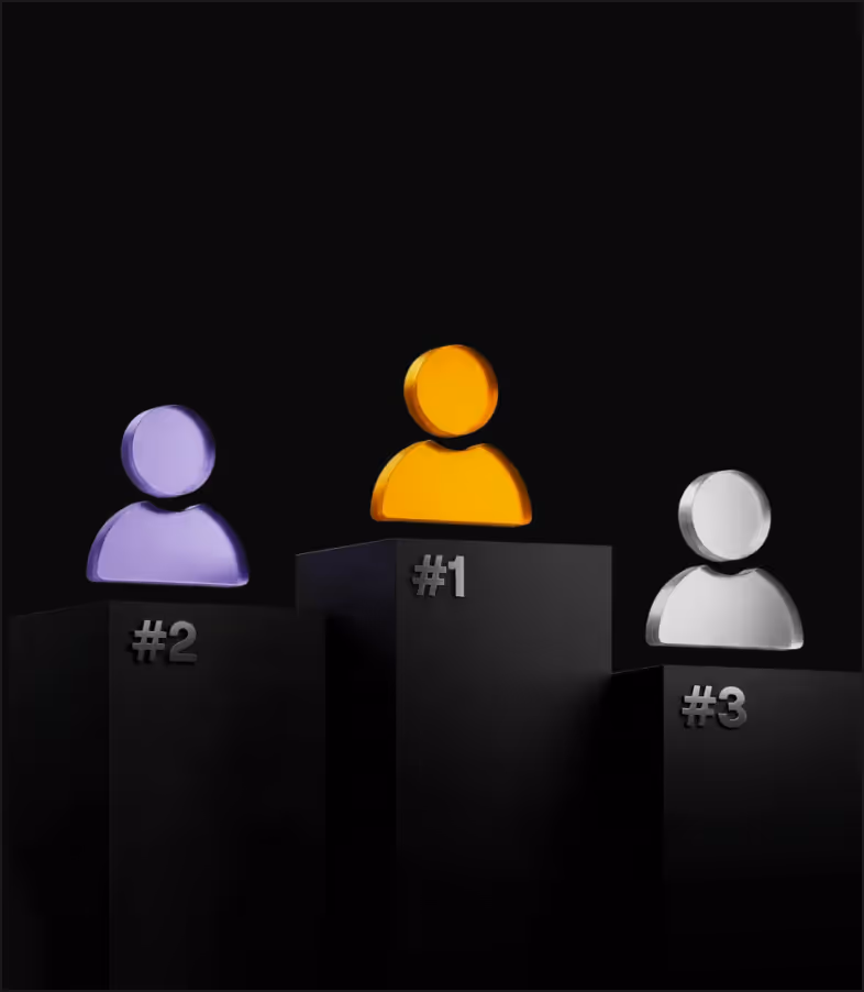 Podium with three abstract figures: orange figure on the highest center block labeled #1, purple figure on the left block labeled #2, and white figure on the right block labeled #3.