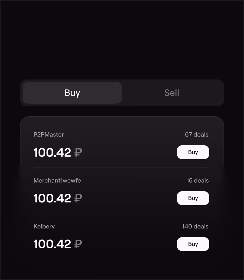 Dark-themed app screen showing a buy tab with three sellers offering 100.42 ₽, each with a buy button and deal count.