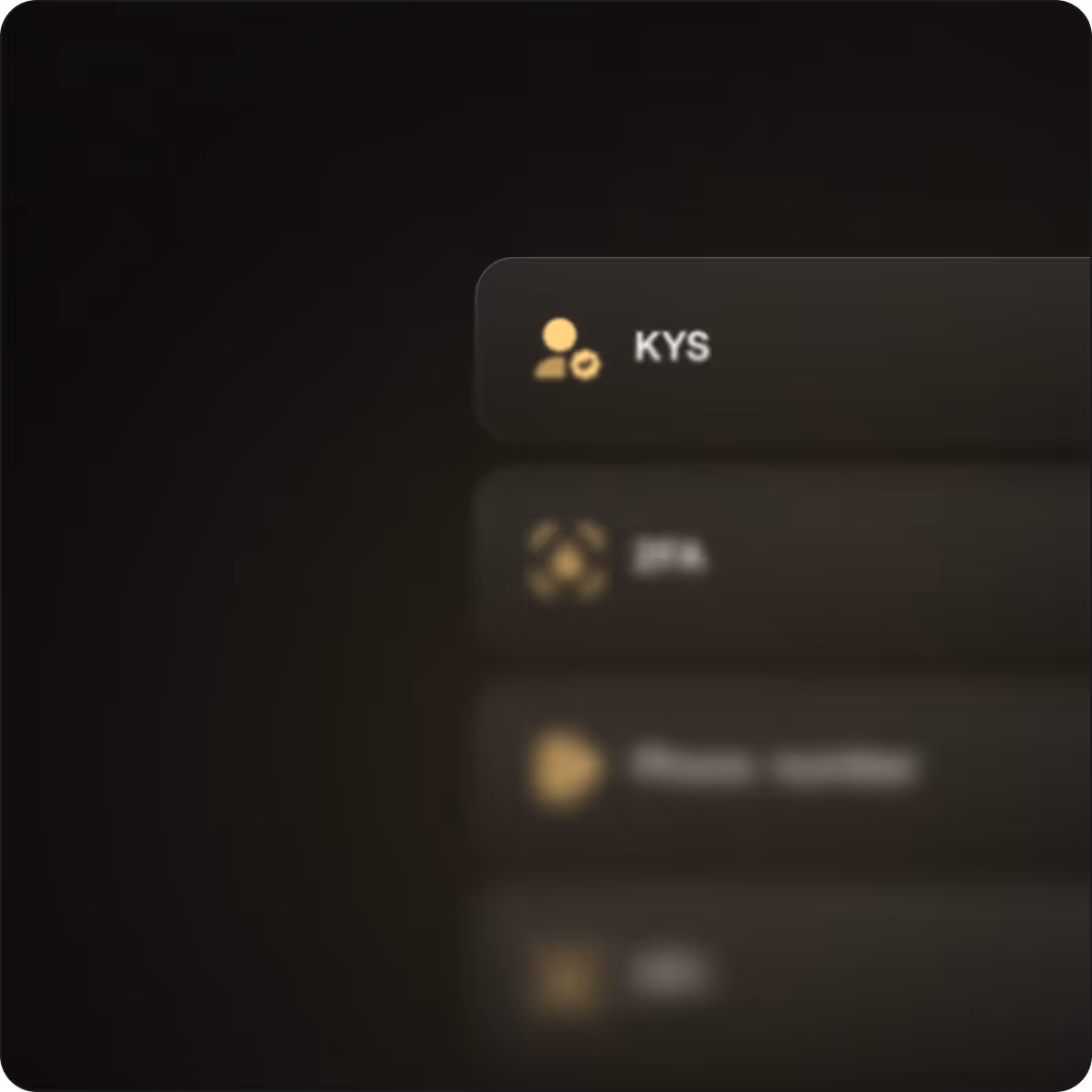 Close-up of a user icon with the label 'KYC' on a dark interface panel with blurred menu items below.