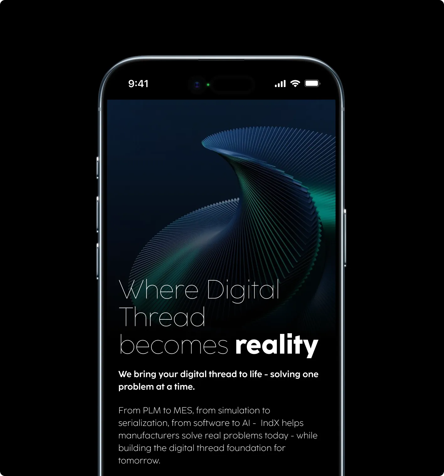 Smartphone screen showing text about digital thread becoming reality and aiding manufacturers with software, AI, and serialization solutions.