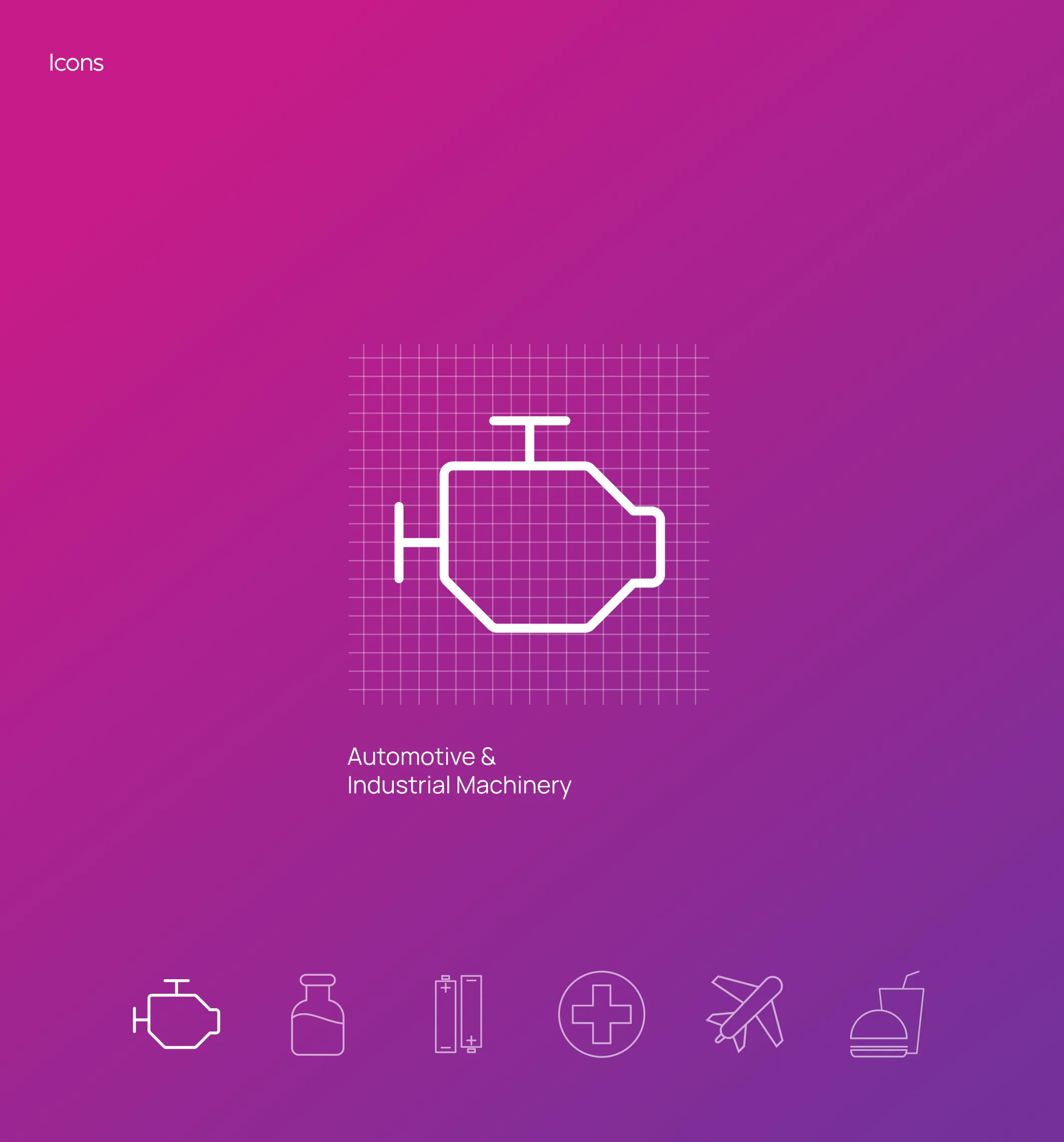 White automotive engine icon on a purple gradient background with label 'Automotive & Industrial Machinery' and a row of related icons beneath.