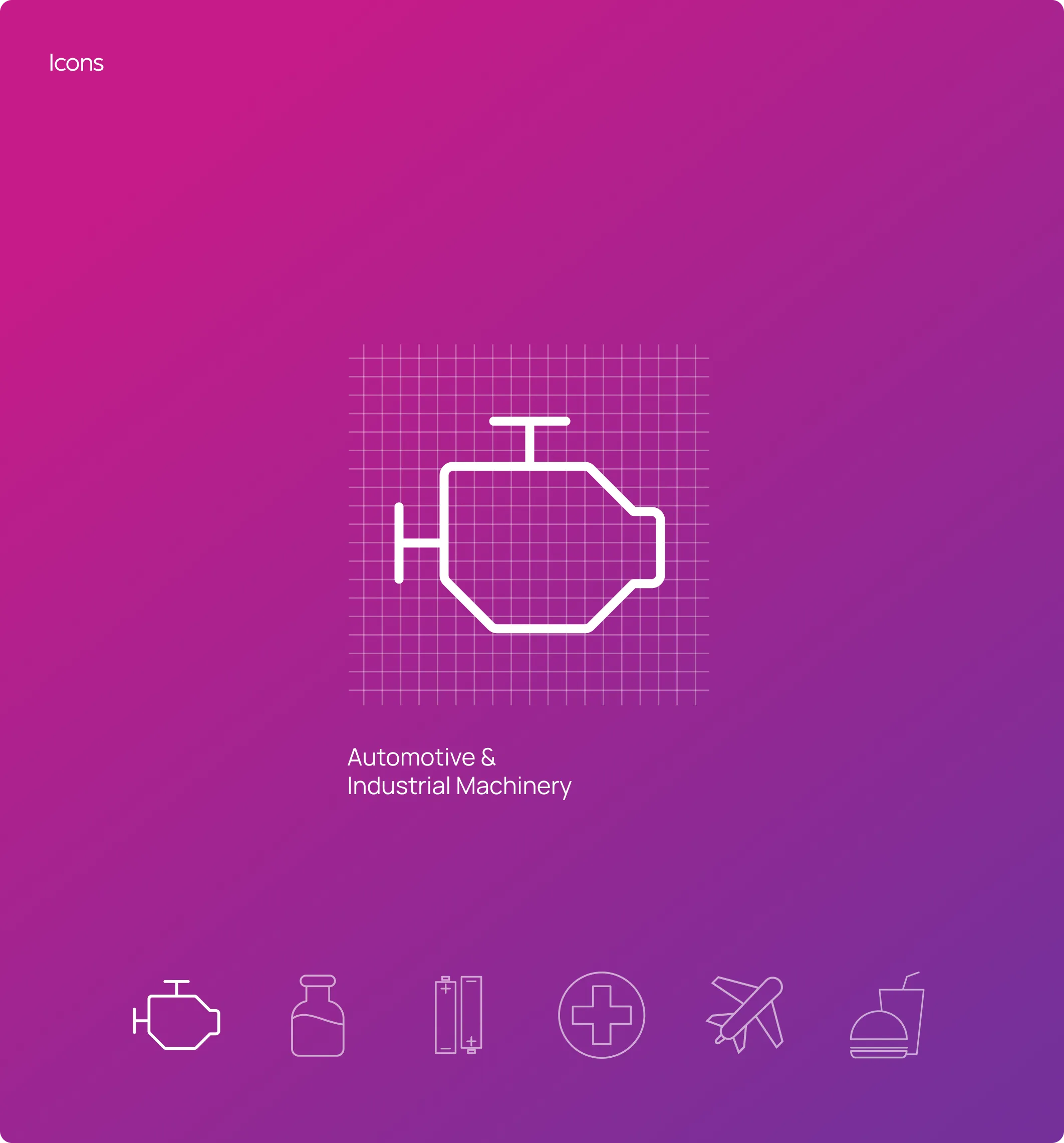 White automotive engine icon on a purple gradient background with label 'Automotive & Industrial Machinery' and a row of related icons beneath.