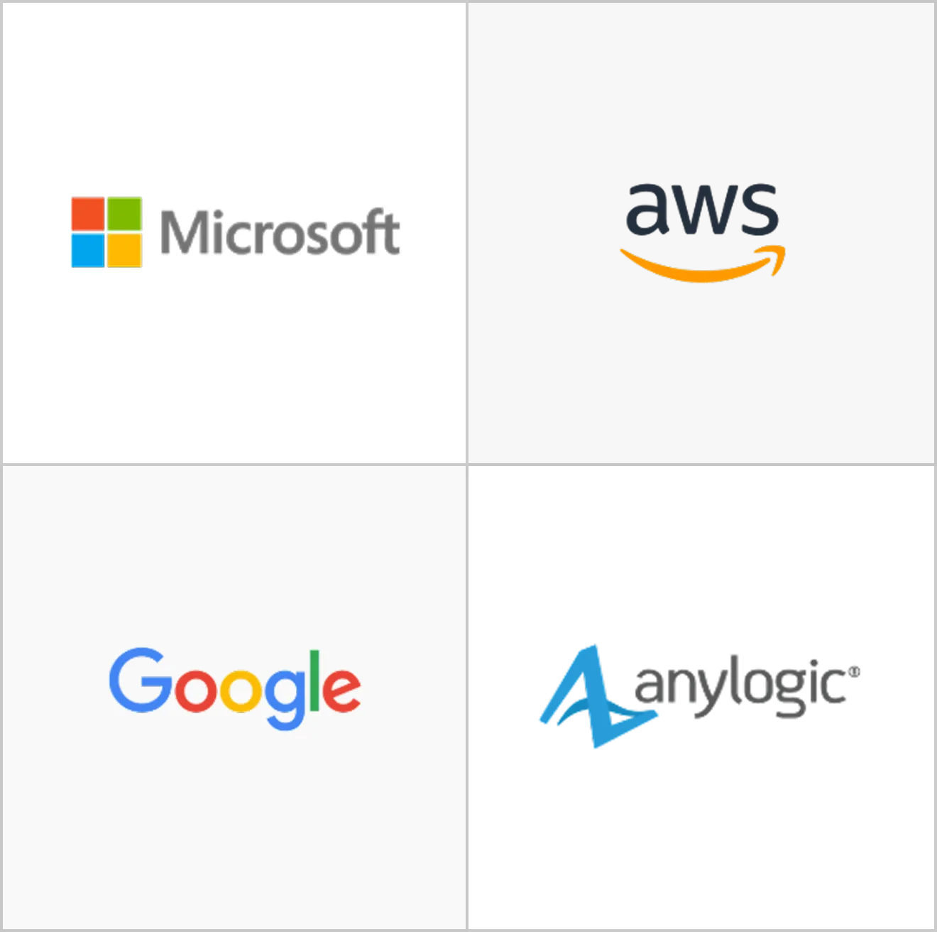 Grid of four technology company logos: Microsoft in top left, AWS in top right, Google in bottom left, and anylogic in bottom right.