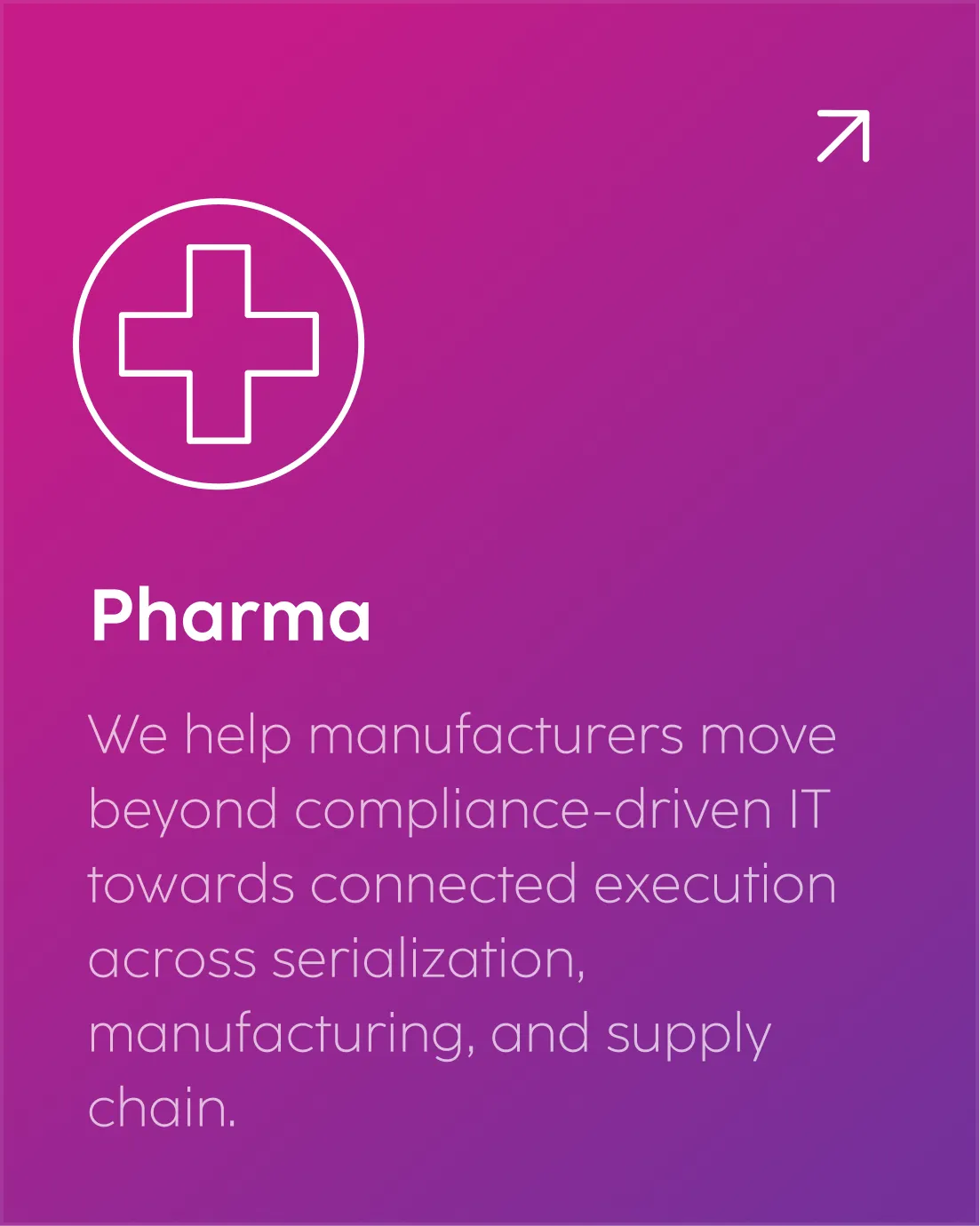 Purple gradient card with a white medical cross icon and text about Pharma industry support for serialization, manufacturing, and supply chain IT.