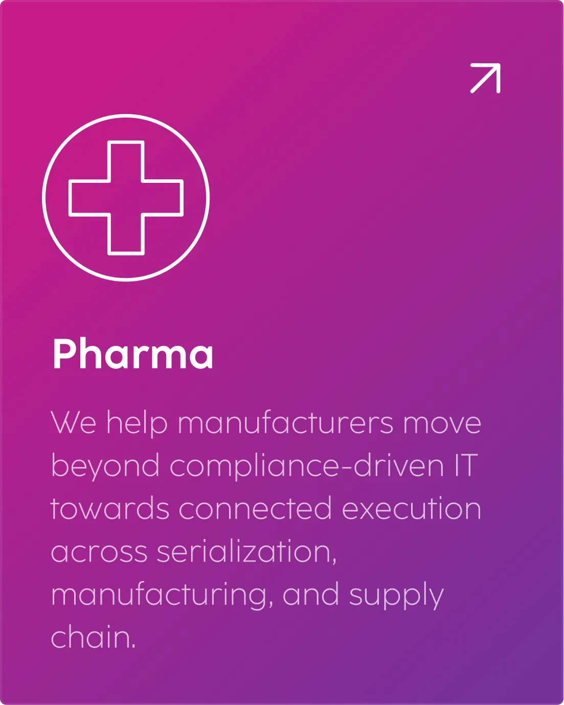 Purple gradient card with a white medical cross icon and text about Pharma industry support for serialization, manufacturing, and supply chain IT.