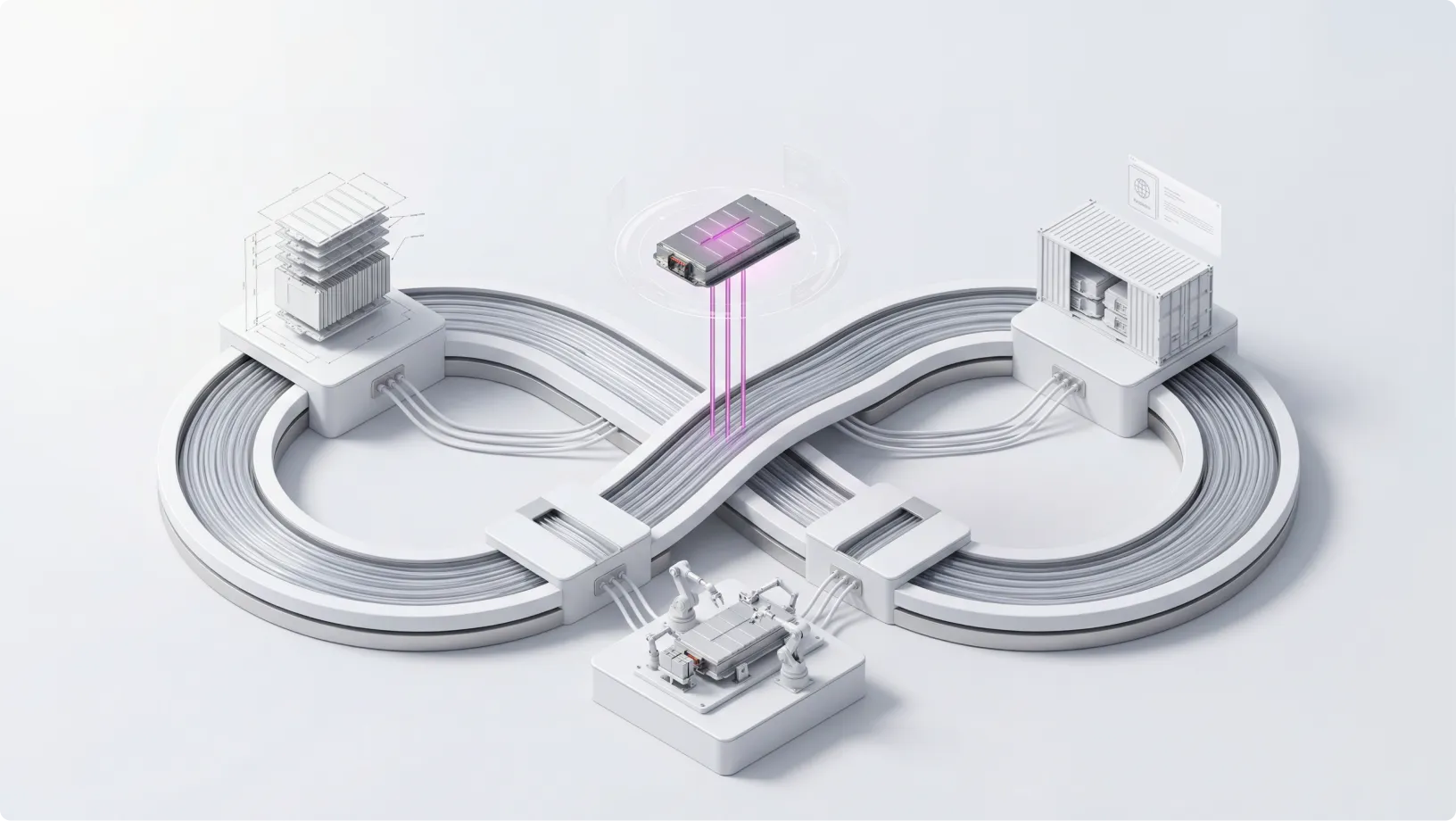 3D illustration of an infinity loop conveyor system connecting a battery cell with components representing manufacturing and packaging processes.