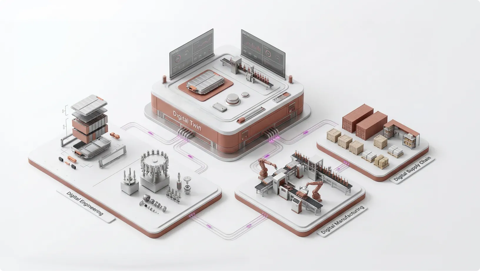 3D digital model showing interconnected blocks labeled Digital Engineering, Digital Manufacturing, Digital Supply Chain, and Digital Twin with small robotic and industrial components.