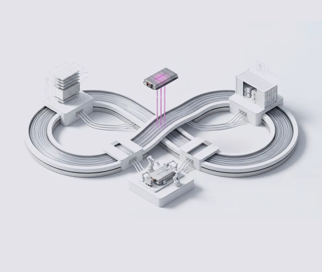 Futuristic infinity loop circuit with data flows, electronics, and robotic arms in a white minimal setting.