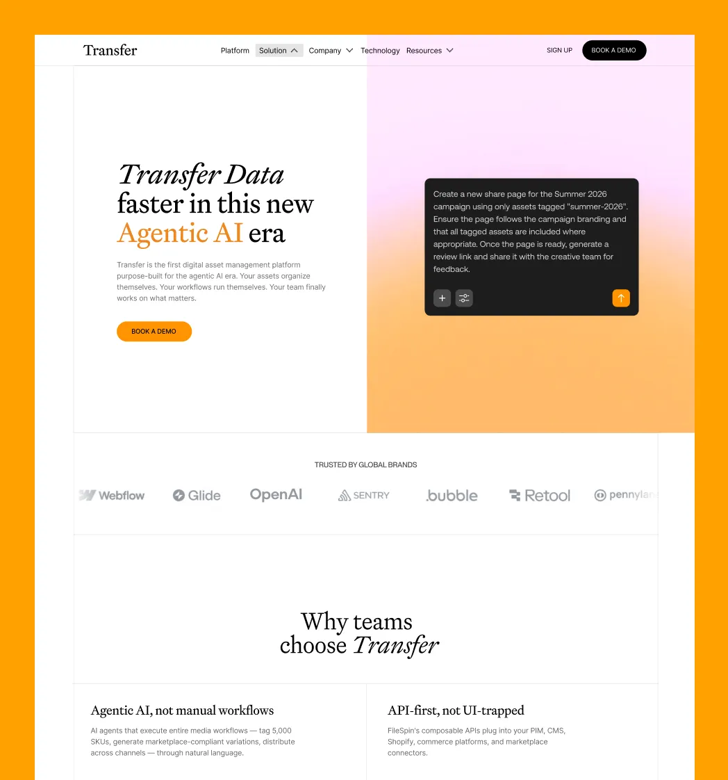Website homepage of Transfer with text about agentic AI, demos, brand logos, and why teams choose Transfer.