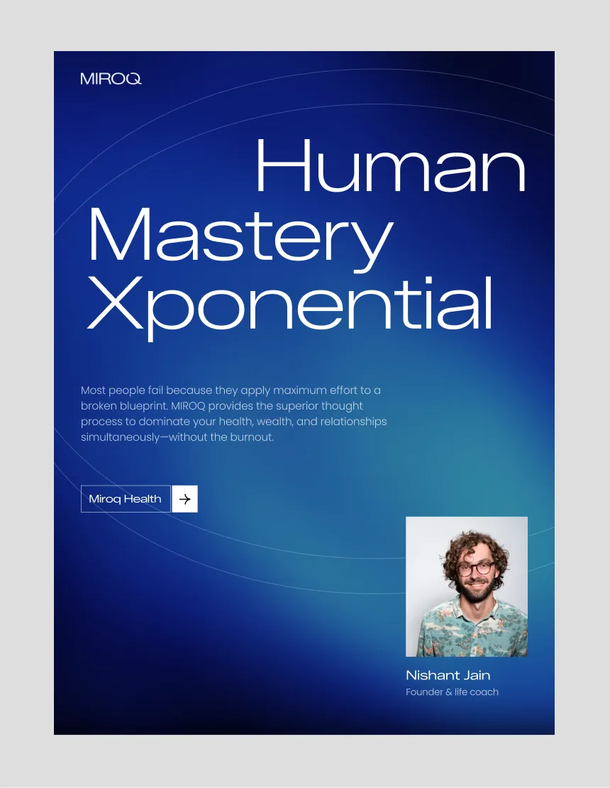 Blue background with text about human mastery, featuring Nishant Jain, founder and life coach, with his photo.
